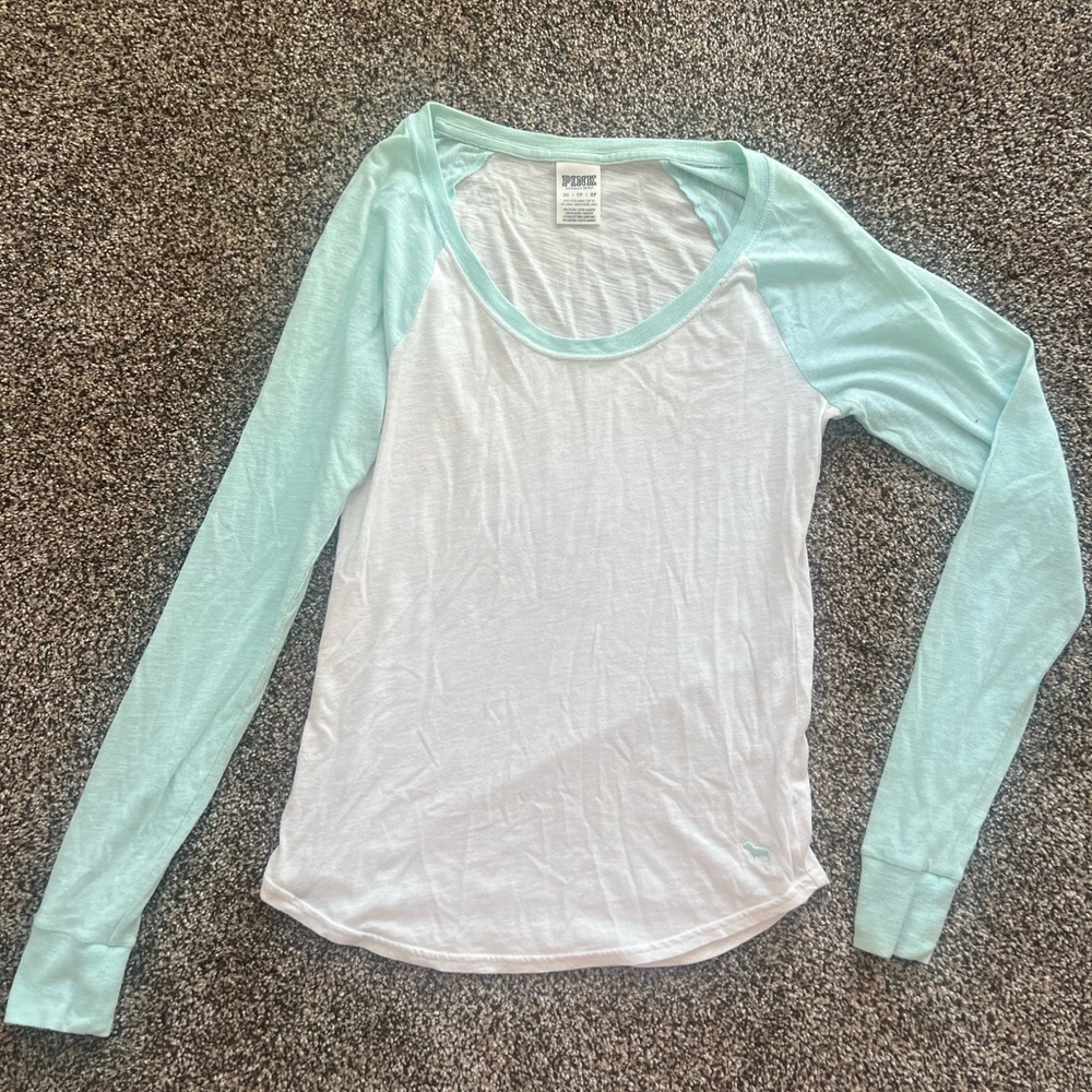PINK Victoria's Secret Aqua and White Long Sleeve Tee